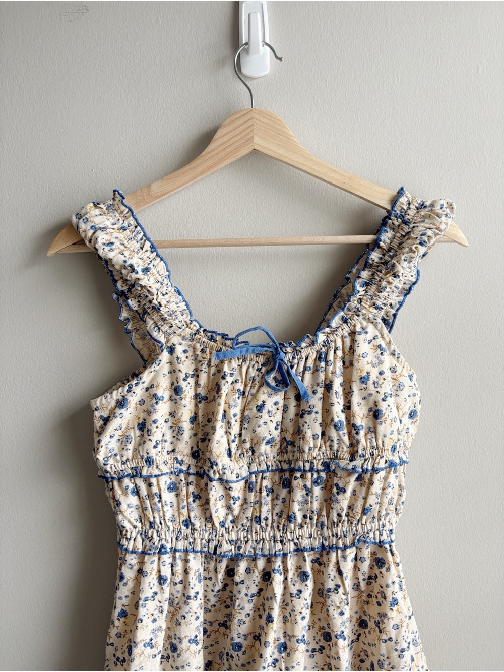 Floral Ruffle-Stripe Sundress in Cream and Blue - Picture 2 of 7